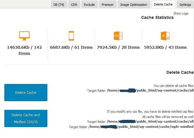 بخش Delete Cashe افزونه WP Fastest Cache